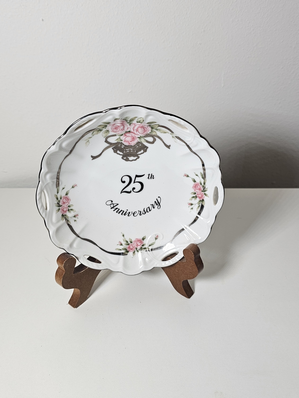 Lefton White Porcelain 25th Anniversary Plate with Pink Rose Motif